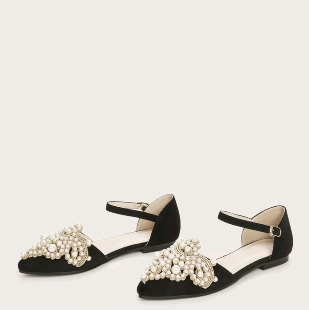 Point Toe Faux Pearl Decor Ankle Strap Flats - Picture 3 of 5